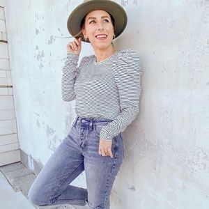 LOFT Striped Pleated Puff Sleeve Top